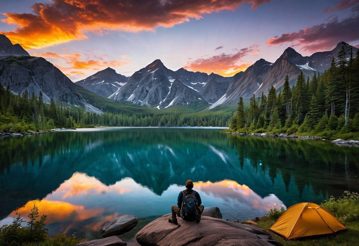 A breathtaking landscape featuring a vast wilderness with towering mountains, lush green forests, and a serene lake in the foreground. Include adventure gear like a tent, hiking boots, and a backpack scattered around, with a serene sunset casting warm colors across the sky. A silhouette of a person gazing at the view adds a sense of adventure. super-realistic. vibrant colors. 3D.