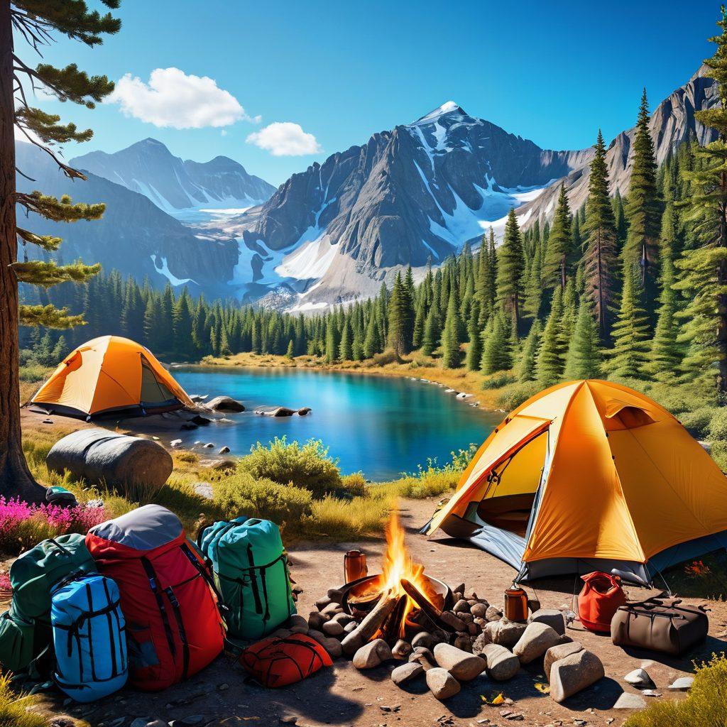 A vibrant outdoor scene featuring an array of adventure gear such as tents, backpacks, and camping equipment set against a stunning wilderness backdrop of mountains and forests. Include a clear blue sky, a campfire, and exploring figures in hiking attire, evoking a sense of adventure and exploration. super-realistic. vibrant colors. 3D.